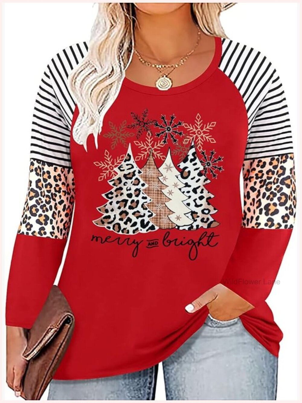 Plus Size Christmas Leopard Tree T-Shirt Long Sleeve Crew Neck